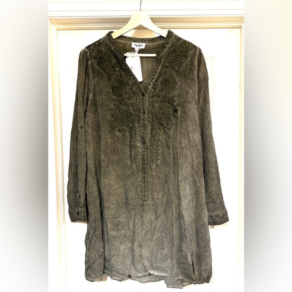 Angel Heart Boutique embroidered olive green tunic dress